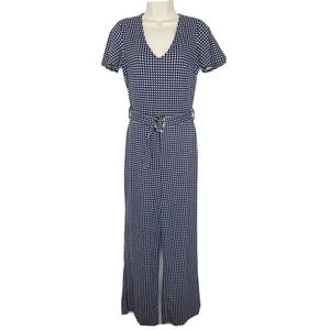 Monteau Women's Blue Checkered Print Belted Wide Leg Jumpsuit Sz Small NWT